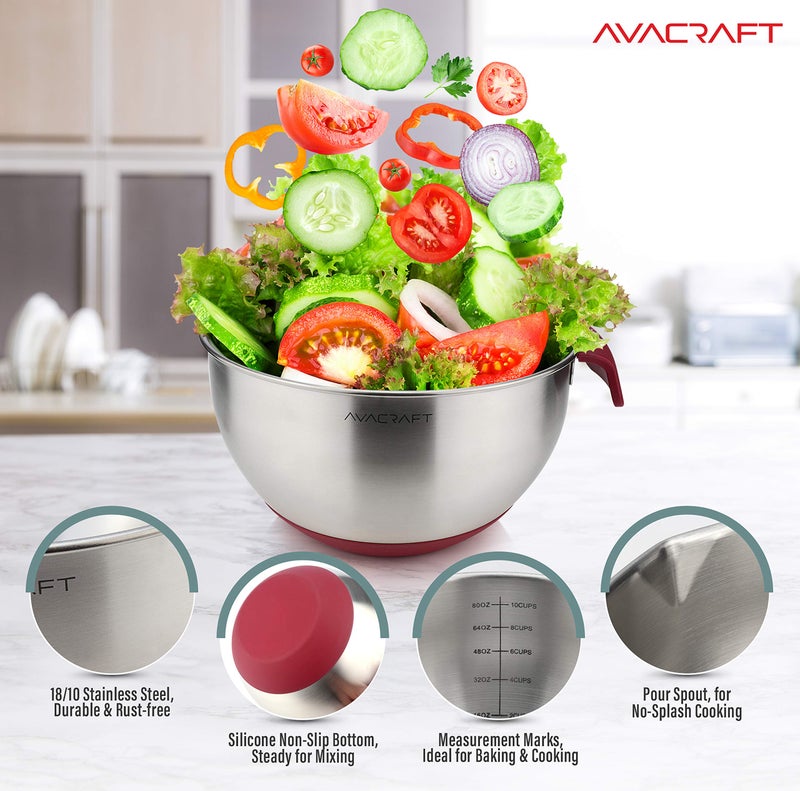 AVACRAFT 18/10 Stainless Steel Mixing Bowls with Lids  non slip silicone base bowls with Handle  Mixing Bowl Set with Pour Spouts & Measurement Marks  Home Essentials Cooking Bowls  (Red) - Image 4